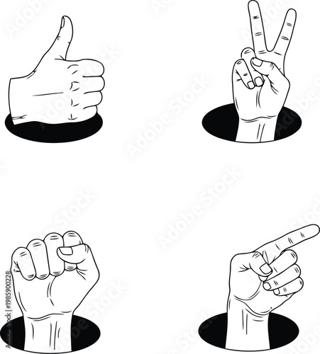 Four hand gestures thumbs up peace fist pointing finger