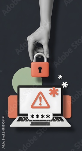 Surreal digital collage of a hand holding a red padlock over a laptop with a warning sign and password asterisks. Concept of data breach, cybersecurity, and account protection in a 3D style.