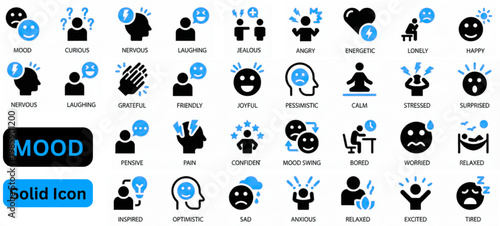 Mood solid icon set. Mood icon set. Containing anxious face, brain mood, confused face, energy battery, gratitude journal, happy face, heart mood, meditation seat, mood diary and more. 