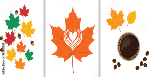 Colorful Autumn Maple Leaf Set with Acorns Heart Shaped Leaf Design and Coffee Cup with Beans Fall Season Vector Illustration