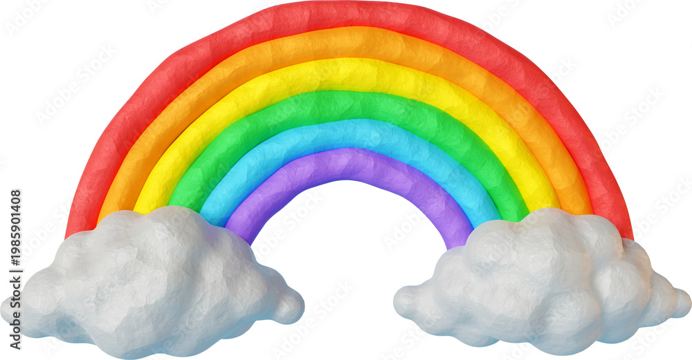 Fototapeta premium Vibrant rainbow with white cloud base isolated on a transparent background (PNG). Realistic 3D plasticine rainbow with clay texture for playful design, educational materials and graphic elements.