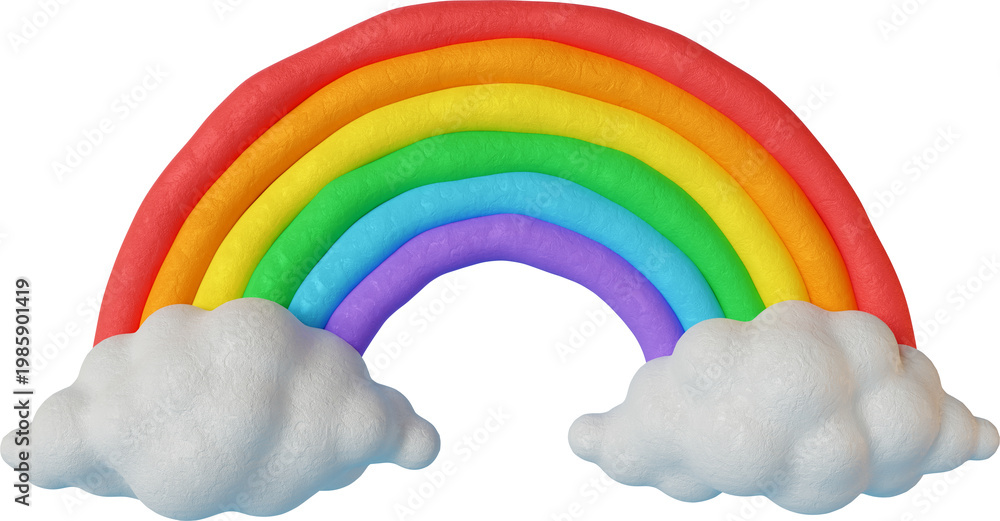 Fototapeta premium Vibrant rainbow with white cloud base isolated on a transparent background (PNG). Realistic 3D plasticine rainbow with clay texture for playful design, educational materials and graphic elements.