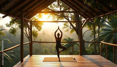 Yoga instructor practicing morning yoga poses on the wooden terrace of an eco-friendly treehouse overlooking tropical jungle, soft dawn light and tranquil ambiance