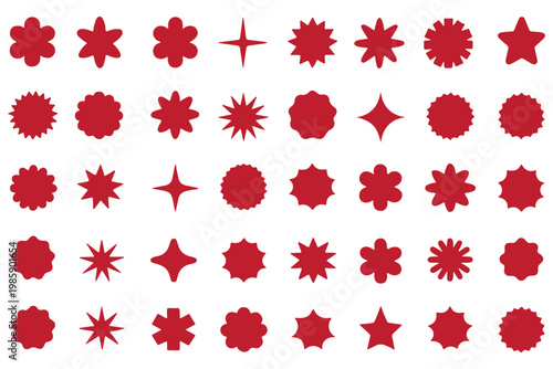 Set of red starburst. Price sticker, sale sticker, price tag, starburst, quality mark, retro stars, sale. Circle sticker set. Wavy edge promo red badges. Star burst shape tags for price. Red sale tag