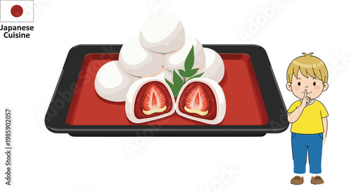 Cute Cartoon Boy Thinking About Japanese Cuisine Strawberry Mochi Dessert Served on Black Tray Flat Vector Illustration