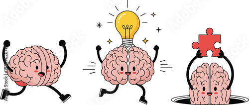 Cute Cartoon Brain Character Set Running Having Idea with Light Bulb and Peeking from Hole with Puzzle Piece Vector Illustration