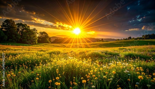 Golden Sunlight Over Wildflower Meadow at Sunset With Cloudy Sky
