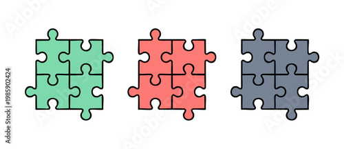 Jigsaw puzzle pieces colored blocks, conceptual set of three square icons representing problem solving, teamwork, business strategy, connection, unity and logical thinking on a isolated white backgrou