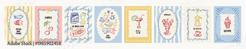 Italy summer food posters. Mediterranean cuisine vector poster collection. Italian food lemon fish postcards. Vintage Amalfi coast illustration. Whimsical frame kitchen prints. Lobster pasta menu set