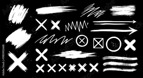 Arrows hand drawn set with white brush strokes and x marks on black background featuring graphic resources, vector graphics, illustration with design