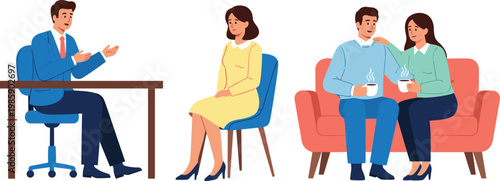 Flat Vector Couple Therapy Session with Professional Counselor Talking to Sad Woman and Happy Couple Sitting on Sofa Illustration
