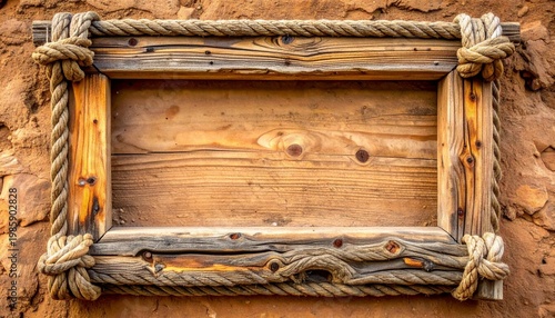 Wooden Frame Wrapped in Rope on Weathered Adobe Wall Background