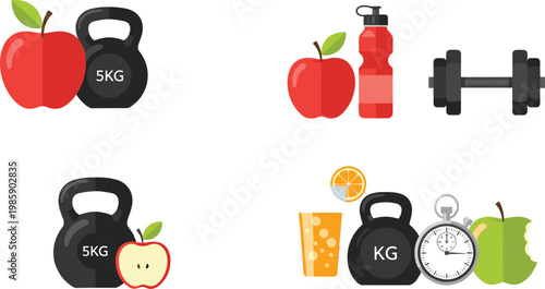 Flat Vector Fitness and Healthy Lifestyle Icon Set with Kettlebell Dumbbell Apple Water Bottle Stopwatch and Juice Illustration