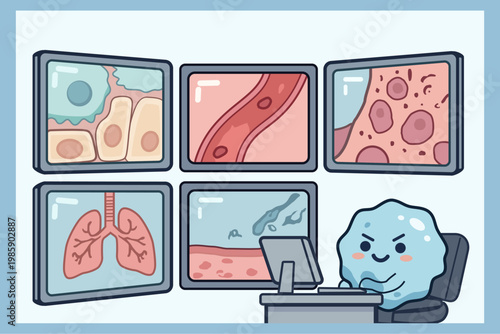 Cartoon illustration of a cute white blood cell or immune cell monitoring body health (lungs, blood vessels, cells) on security screens