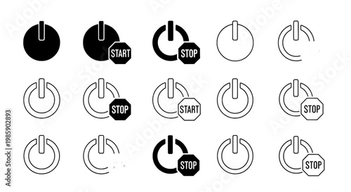 Buttons power control set with start stop icons in black and white featuring graphic resources, UI elements, interface elements with vector graphics