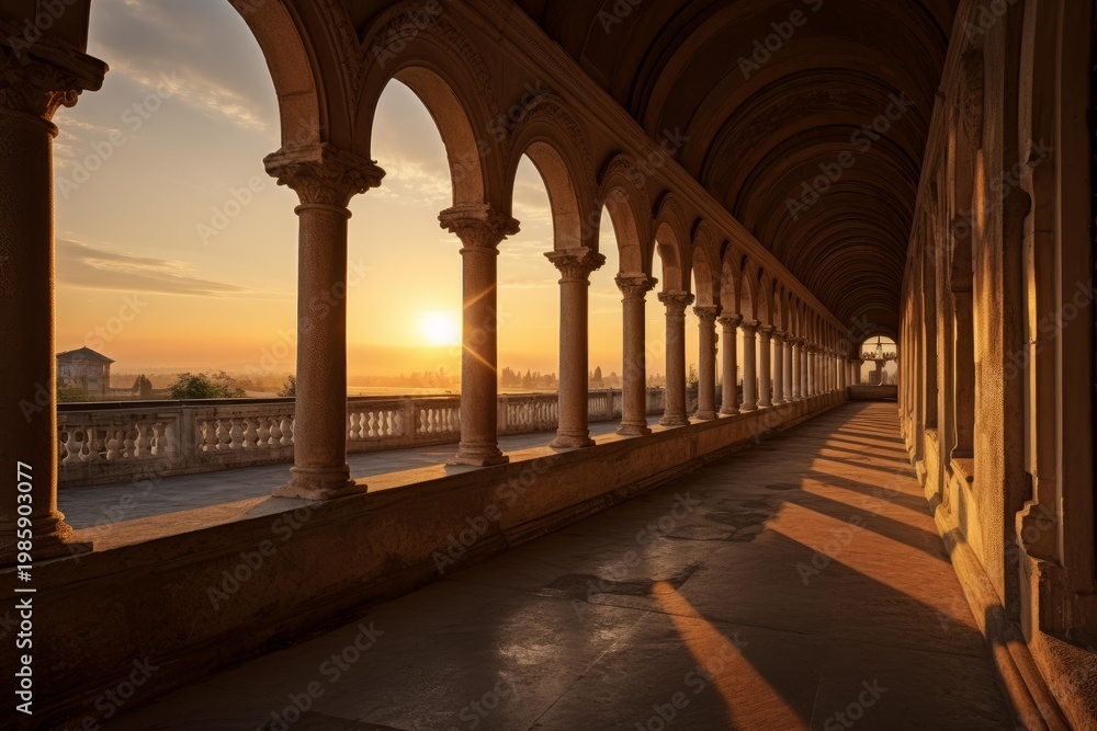 Fototapeta premium Ancient architectural colonnade with arches bathed in warm golden hour light