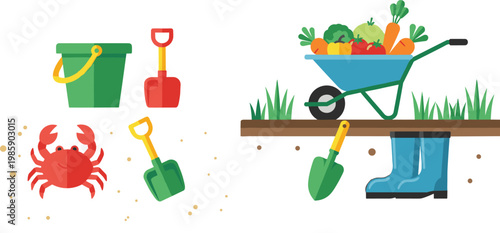 Flat Vector Garden and Beach Set with Wheelbarrow Full of Vegetables Rubber Boots Shovel Bucket and Crab Summer Illustration