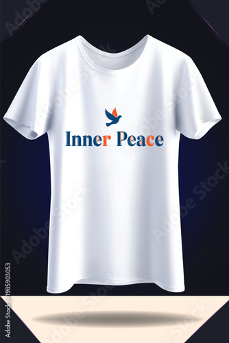 Elegant white t-shirt with inner peace text and flying dove graphic.