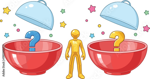 Golden 3D Human Figure Standing Between Two Mystery Food Bowls with Question Marks and Cloche Lids Choice Decision Vector Illustration