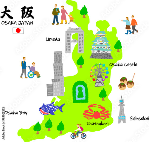 大阪旅行、手描きの観光スポットと観光客フラットイラスト