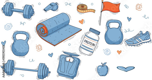 Hand drawn fitness equipment collection with dumbbells kettlebell yoga mat sneakers protein bottle scale and healthy lifestyle doodle elements set