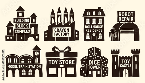 Toy town silhouette building icons set in a rustic woodcut style for creative branding