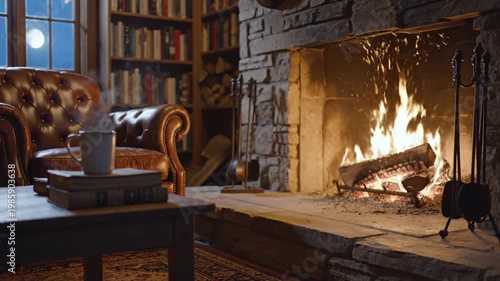 Cozy fireplace scene with steaming mug, books, and armchair at night