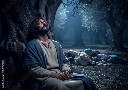 Man in prayerful sorrow with blood on face in forest