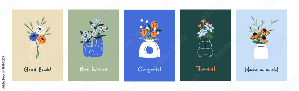 Obraz premium Set of greeting cards designs with flowers in vases. Postcards with bouquets of wildflowers in glass and ceramic pots. Festive templates with floral decor, cut posies. Flat vector illustrations