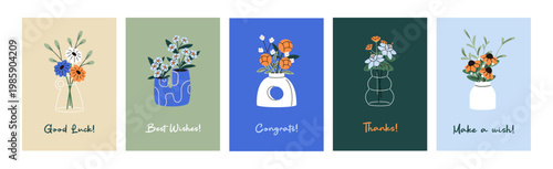 Set of greeting cards designs with flowers in vases. Postcards with bouquets of wildflowers in glass and ceramic pots. Festive templates with floral decor, cut posies. Flat vector illustrations