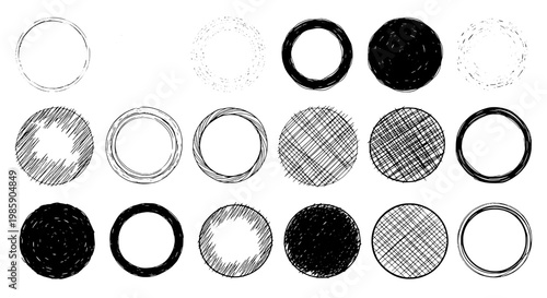 Circles hand drawn set with black and white grunge textures and crosshatch patterns featuring illustration, graphic, resources with design and
