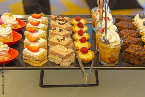 Served Cakes Tarts Sweets at Tray Dessert Buffet Table