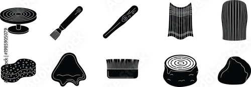 Collection of black and white icons representing various pottery and ceramic making tools and supplies