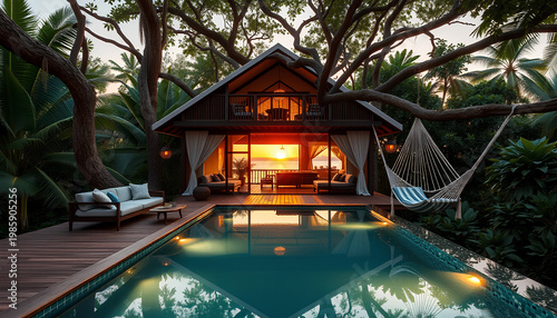 Tropical glamping treehouse with stylish outdoor lounge, hanging hammock, infinity pool reflecting sunset, luxury eco-resort design, highly detailed photorealism