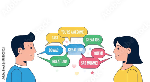 Positive conversation, friendly discussion, speech bubbles, encouragement, vector illustrations