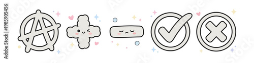 Kawaii character symbols and check icons set featuring anarchy symbol, mathematical signs, and check marks