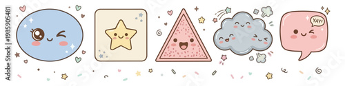Kawaii cute character shapes icon set featuring circle, square, triangle, clouds and speech bubble with expressions and confetti. Vector illustration in pastel colors
