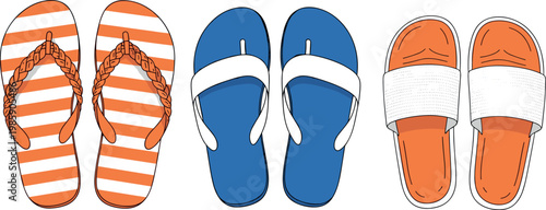 Flip flops and slide sandals vector set with summer footwear beach slippers casual fashion illustration collection