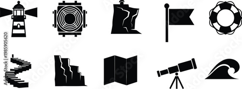 Set of black silhouette maritime and coastal exploration icons including lighthouse and telescope