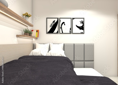 Modern Minimalist Bedroom with Pull-Out Trundle Bed - 3D Rendering