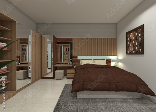 Rustic Scandinavian Master Bedroom with Compact Wood Furniture - 3D Rendering