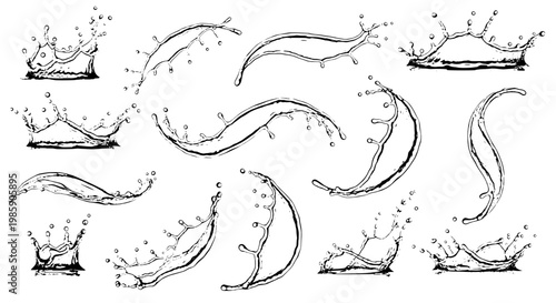 Water waves set with splashes, bubbles, ripples, and swirl arcs line art for splashy action backgrounds