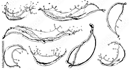 Water splash set with dynamic curved lines and droplets on white background featuring liquid motion, wave patterns, fluid movement with wave design