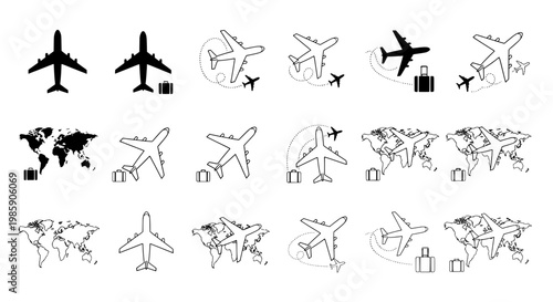 Airplane travel icons set with luggage and world map designs featuring flight, journey, transportation with vector and illustration elements for