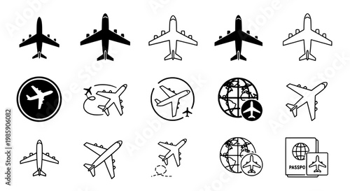 Airplane icons set with various travel and aviation symbols featuring vector, black and white, line art with passport and globe elements for flight,