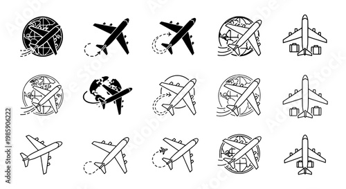 Airplanes hand-drawn line art set with black outlines and globe icons, featuring various flight designs and travel illustrations.