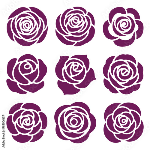 Set of nine rose flower vector silhouettes in purple color, various shapes and styles of bloom, flat floral design elements.