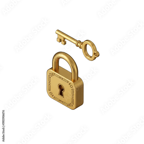 Golden padlock with key unlocked isolated on transparent background