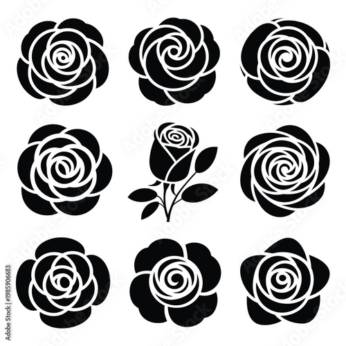 Set of nine rose flower vector silhouettes in black color, various shapes and styles of bloom, flat floral design elements.