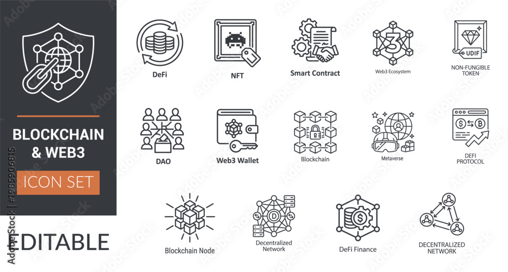 Fototapeta premium Blockchain and Web3 Line Icons Set – DeFi, NFT, Smart Contract, DAO, Metaverse Editable Stroke Vector Collection